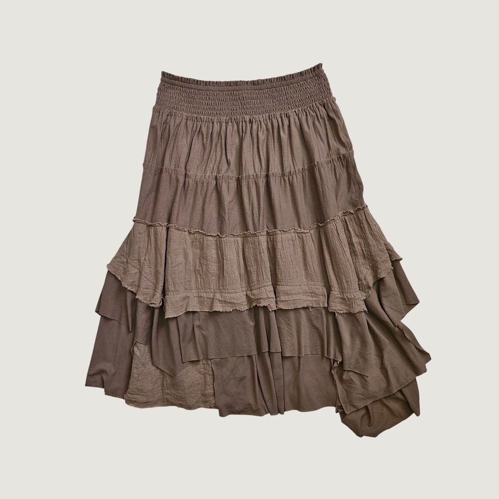 Y2k Tiered Skirt Womens Brown Smocked Boho Ruffle Asymmetrical Hem Peasant
